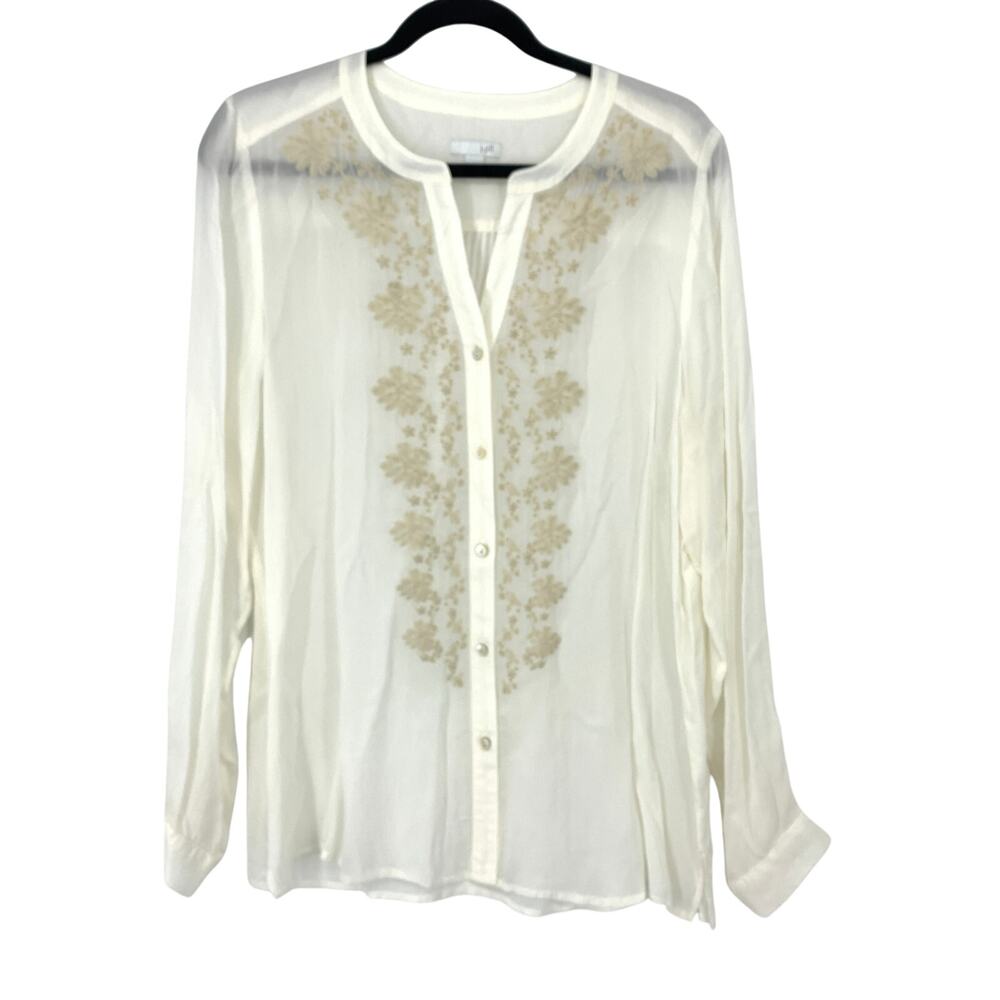 J. Jill Button Front Long Sleeve Blouse Womens M Sheer Cream White Embroidered